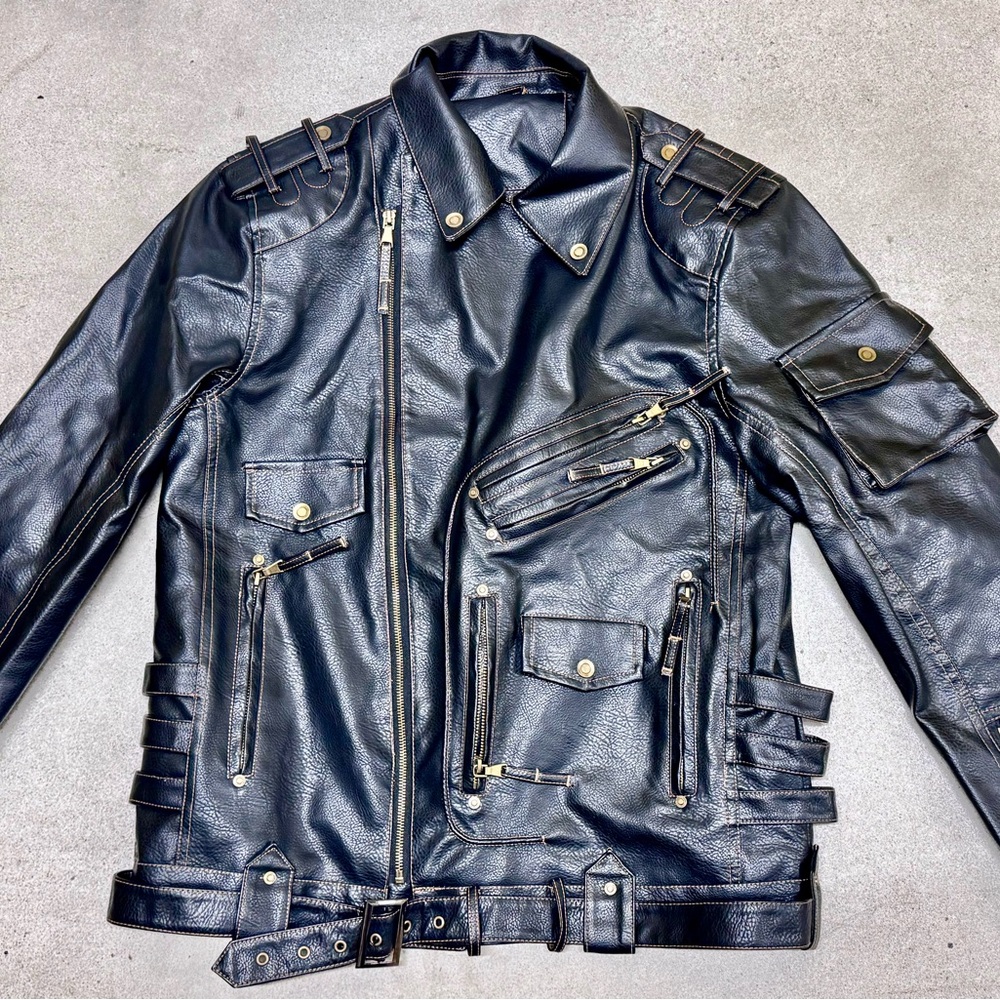 Black Faux Leather Biker Jacket, Size Large